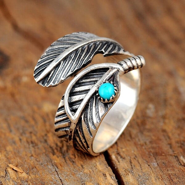🔥 Last Day Promotion 49% OFF🎁Boho Feather Turquoise Adjustable Ring