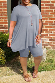 Last Day 48%OFF-Plus Size Ruffled Hem Solid Color Top & Shorts